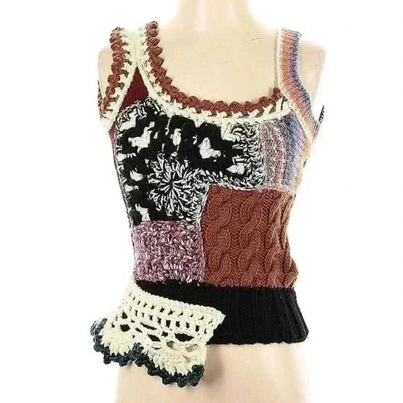 DSQUARED2 Womens Crochet Top Wool Sweater Vest Top Patchwork XS Knit Shirt Italy - Picture 3 of 3